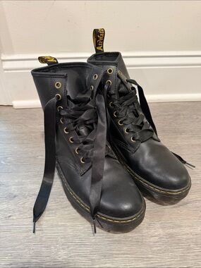 Dr. Martens Black Leather Platform Lace-Up Boots with Yellow Accents